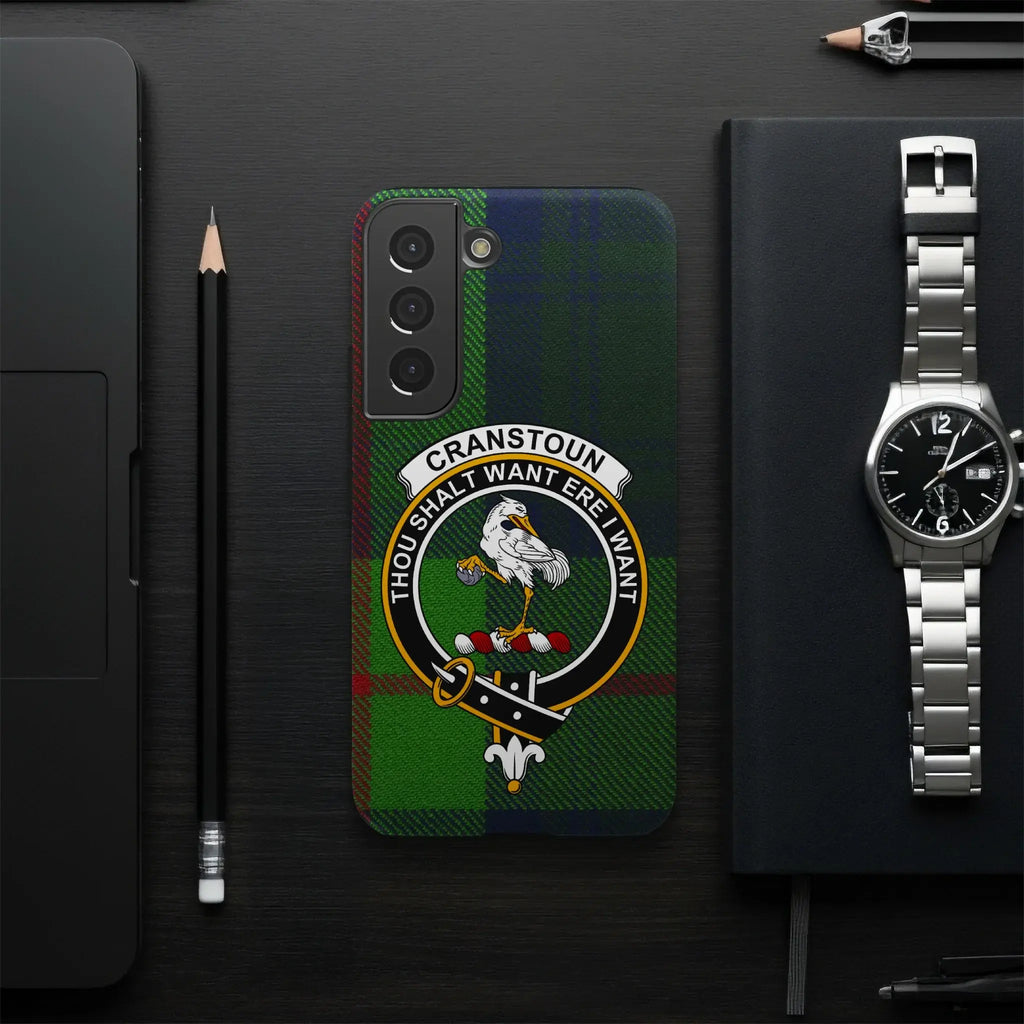 Cranstoun Scottish clan crest phone case — full edge-to-edge tartan wrap, Samsung model