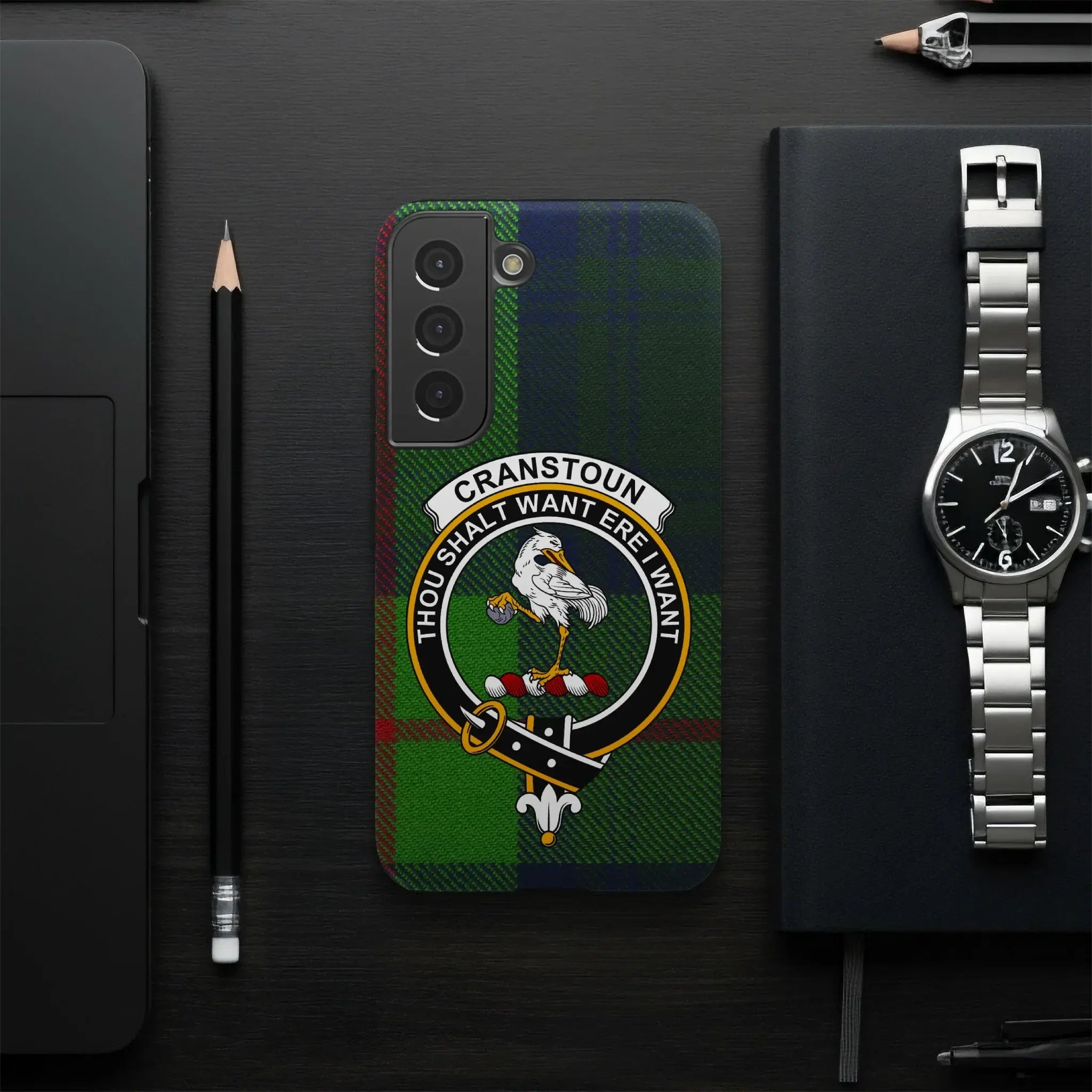Cranstoun Scottish clan crest phone case — full edge-to-edge tartan wrap, Samsung model