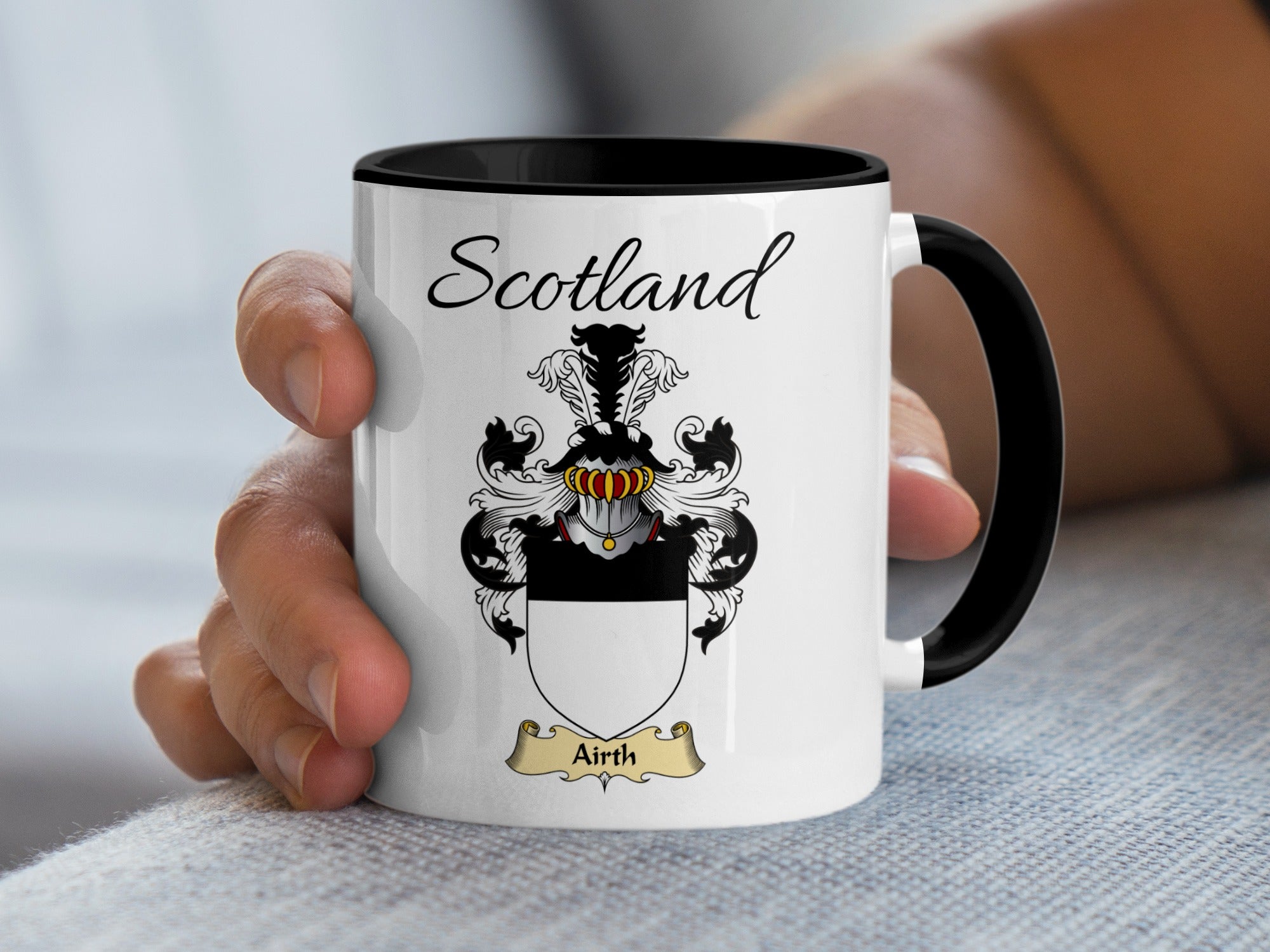 Airth Scottish family crest accent mug with Scotland above the coat of arms design