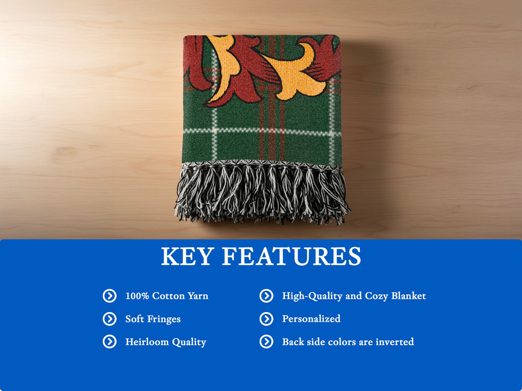 Green plaid blanket with tasseled edges and key features list.