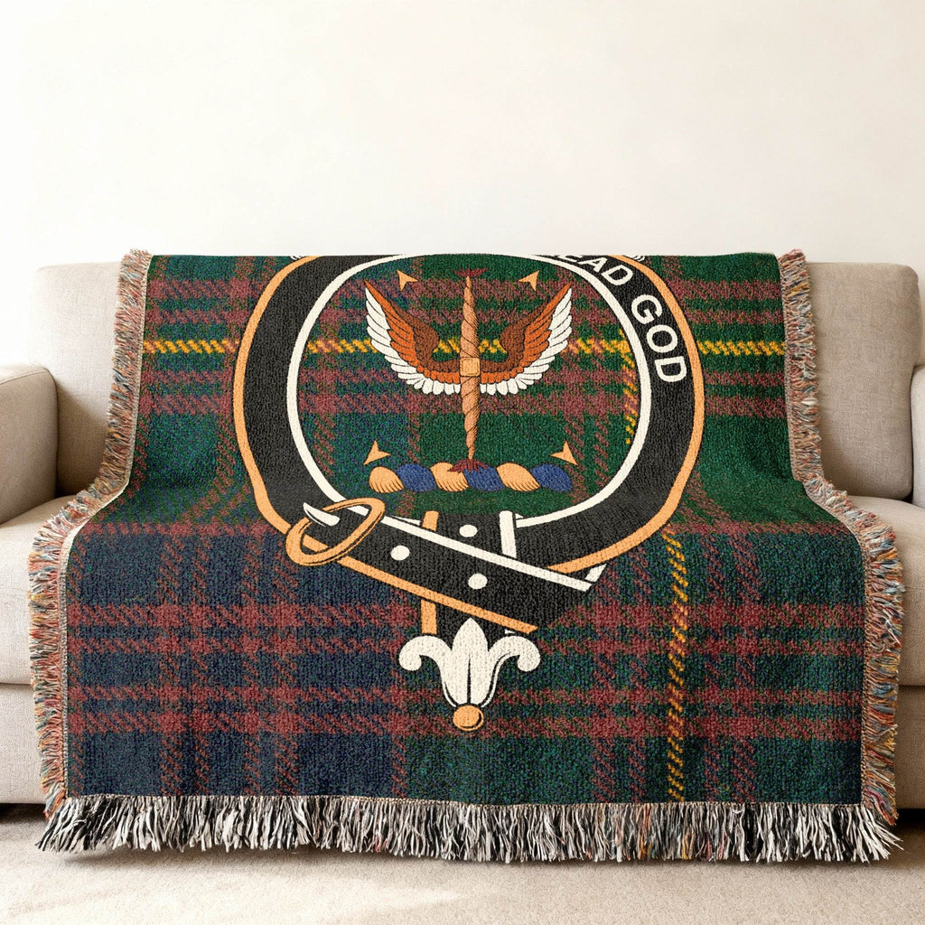 Carnegie clan crest Scottish tartan woven throw blanket — fringe edge detail