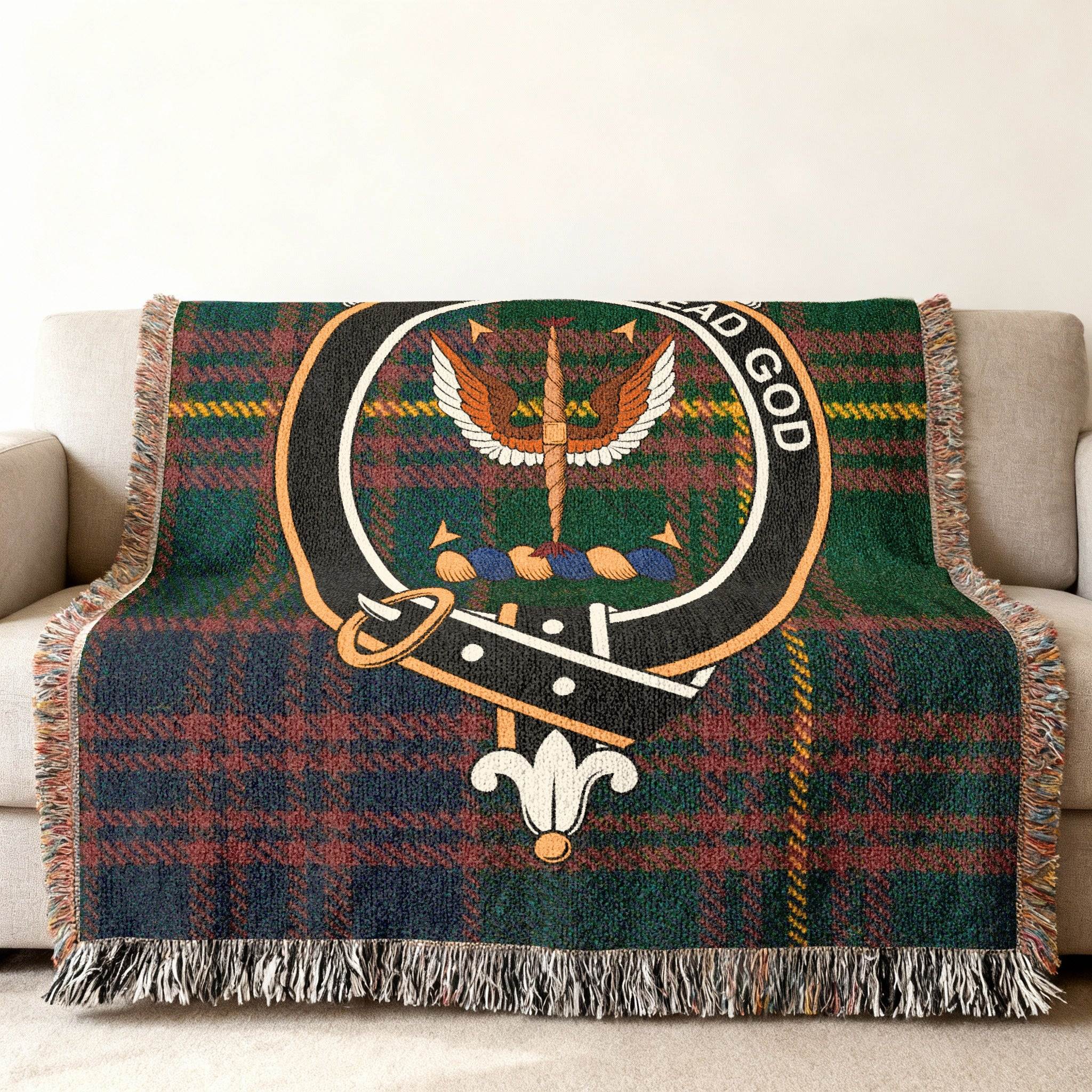 Carnegie clan crest Scottish tartan woven throw blanket — fringe edge detail