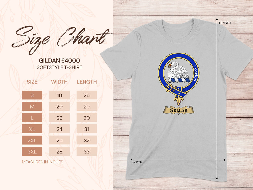 Gildan 64000 size chart for Sellar Scottish clan crest T-shirt