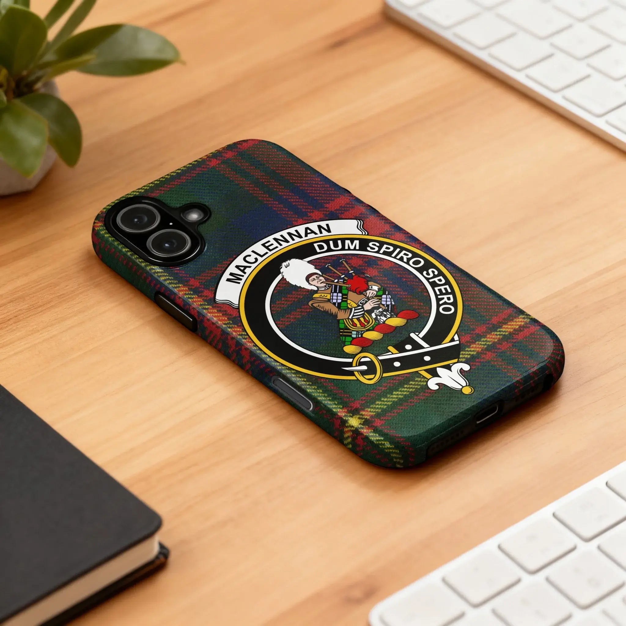 MacLennan tartan crest case on Samsung Galaxy — edge-to-edge plaid wrap with clan crest design