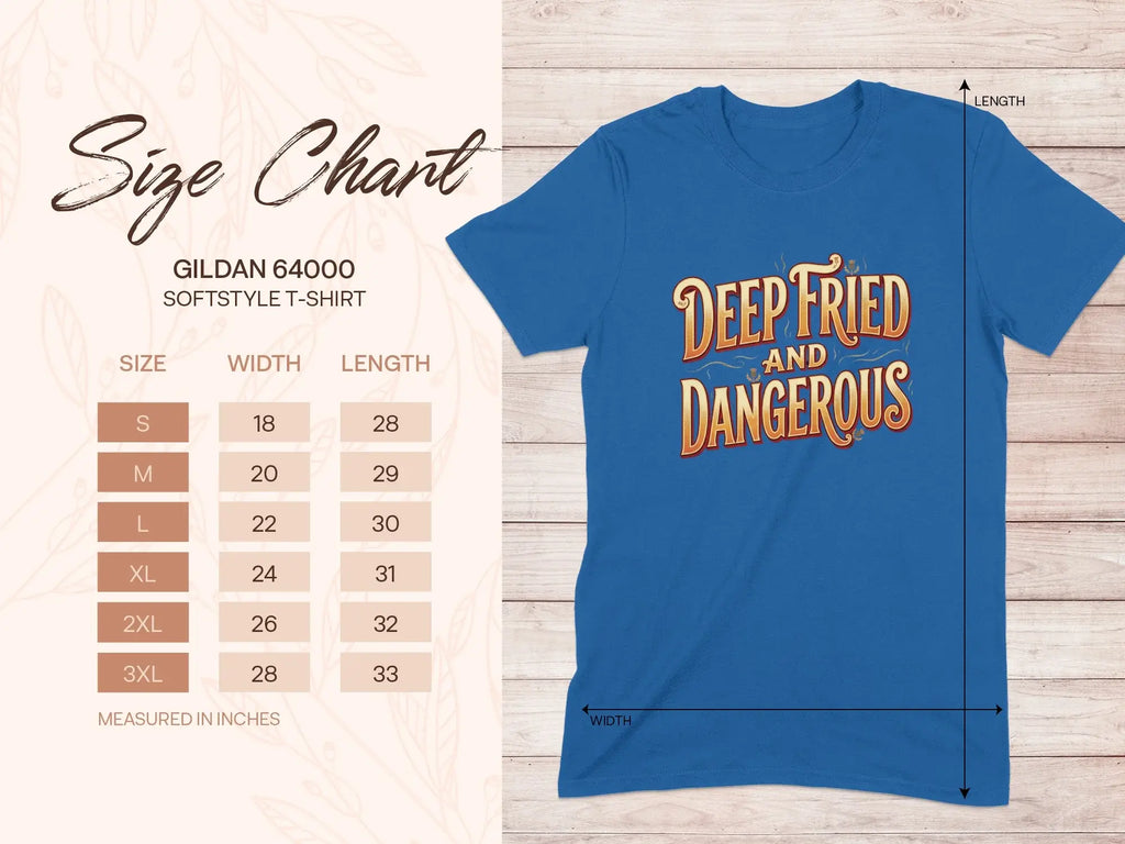 Gildan 64000 softstyle t-shirt size chart with measurements for width and length.