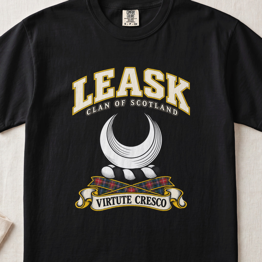 Leask Scottish clan T-shirt in Black, front view with a silver crescent and motto design.
