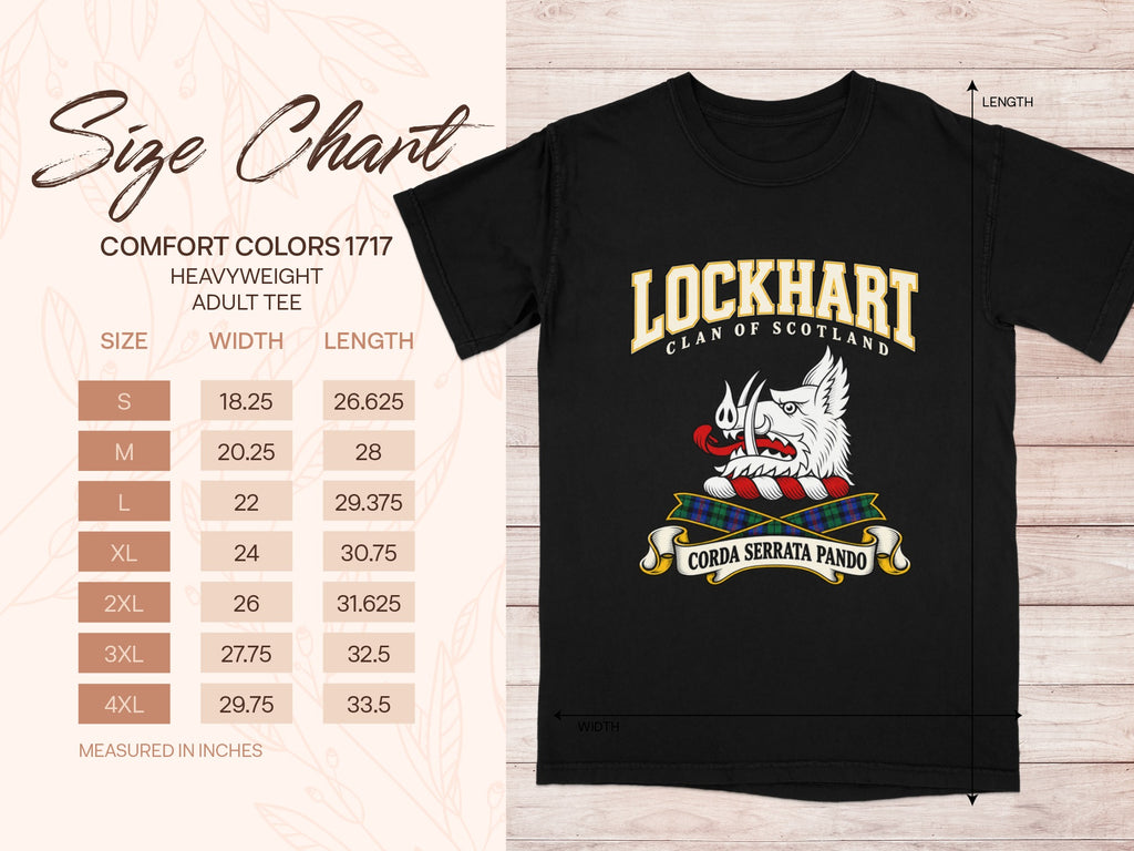 Comfort Colors 1717 size chart in inches with a black Lockhart clan crest T-shirt preview