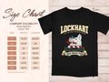 Comfort Colors 1717 size chart in inches with a black Lockhart clan crest T-shirt preview