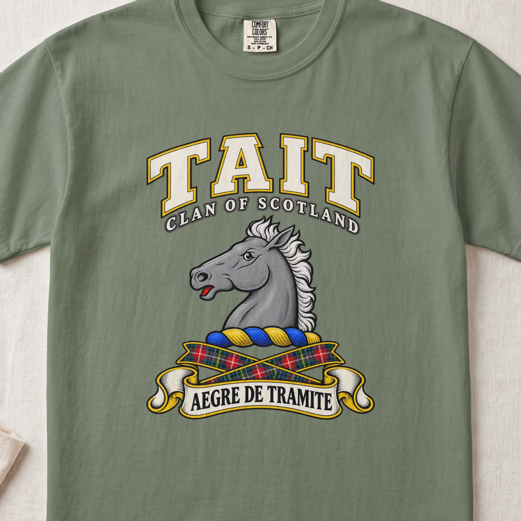 Tait Scottish clan T-shirt in Moss, front view with a gray horse head and motto design.