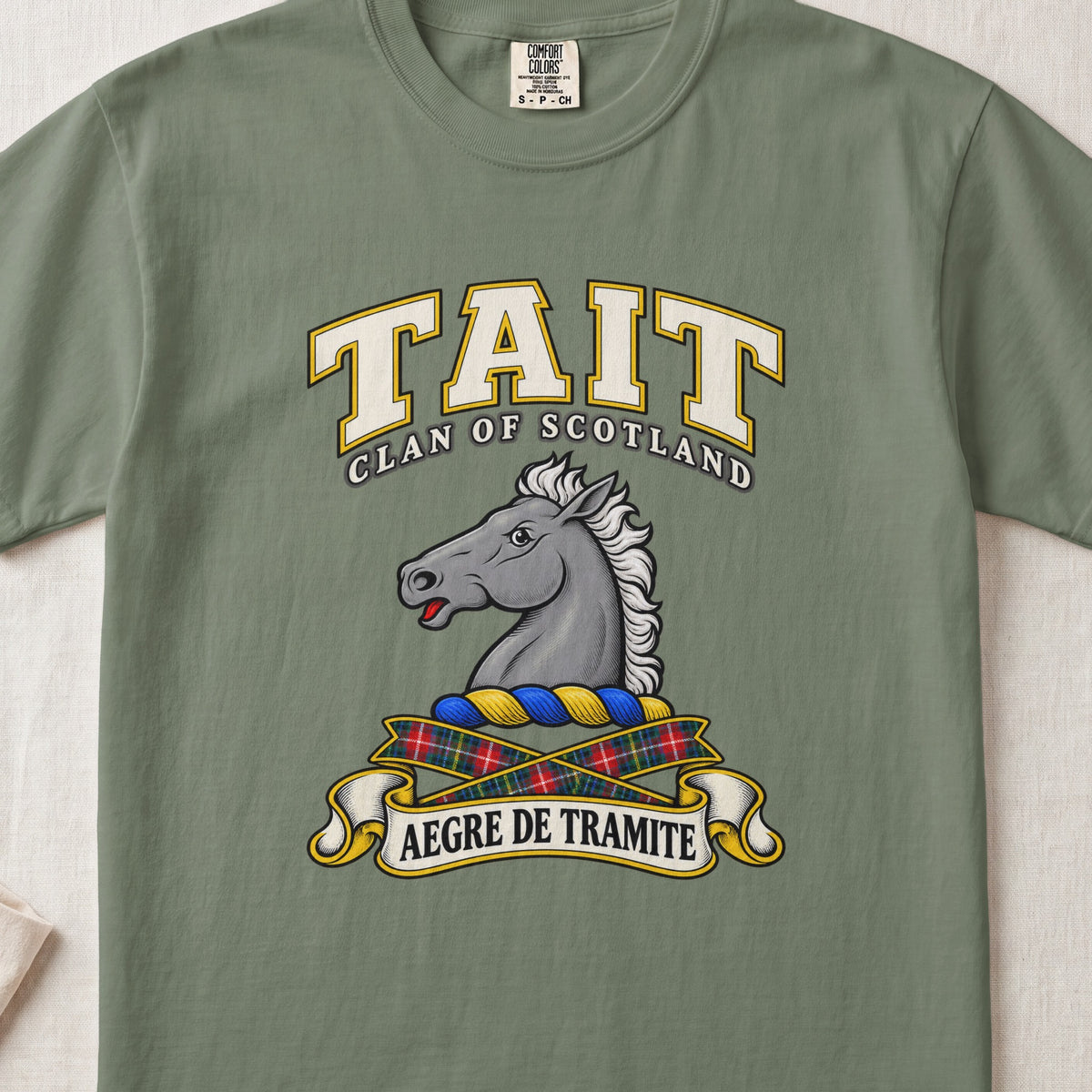 Tait Scottish clan T-shirt in Moss, front view with a gray horse head and motto design.