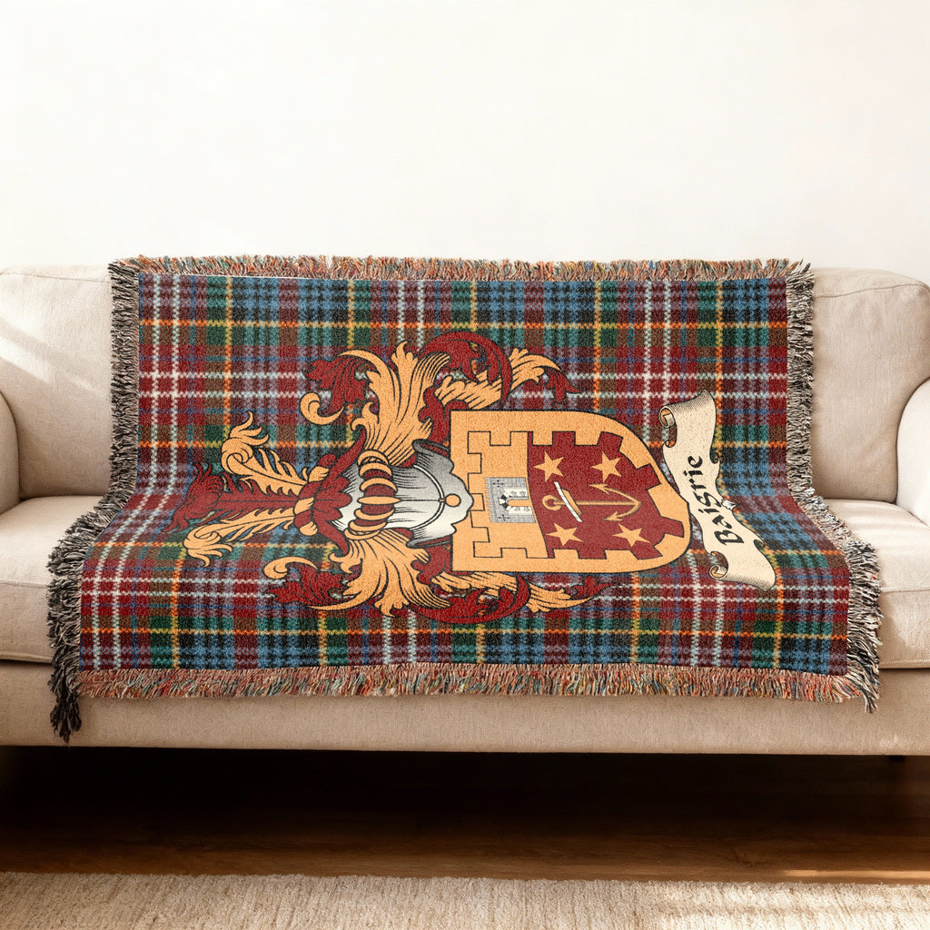 Baigrie Scottish woven blanket with family shield and Caledonia tartan background