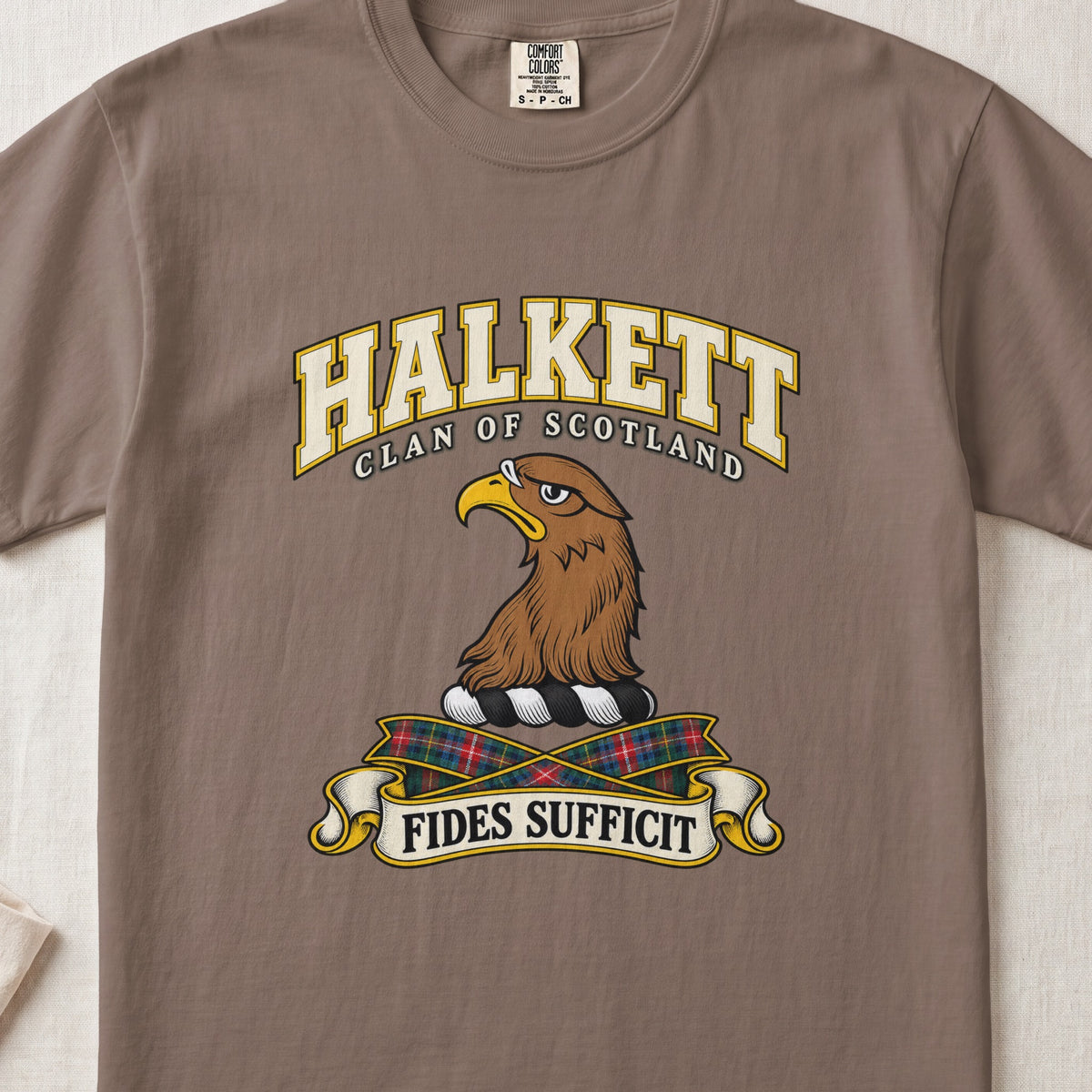 Halkett Scottish clan T-shirt in Espresso, front view with a brown eagle head and motto design.