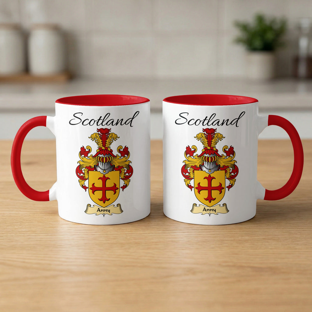 Anny 11 oz Scottish family crest ceramic mug with a Scotland-topped heraldic emblem