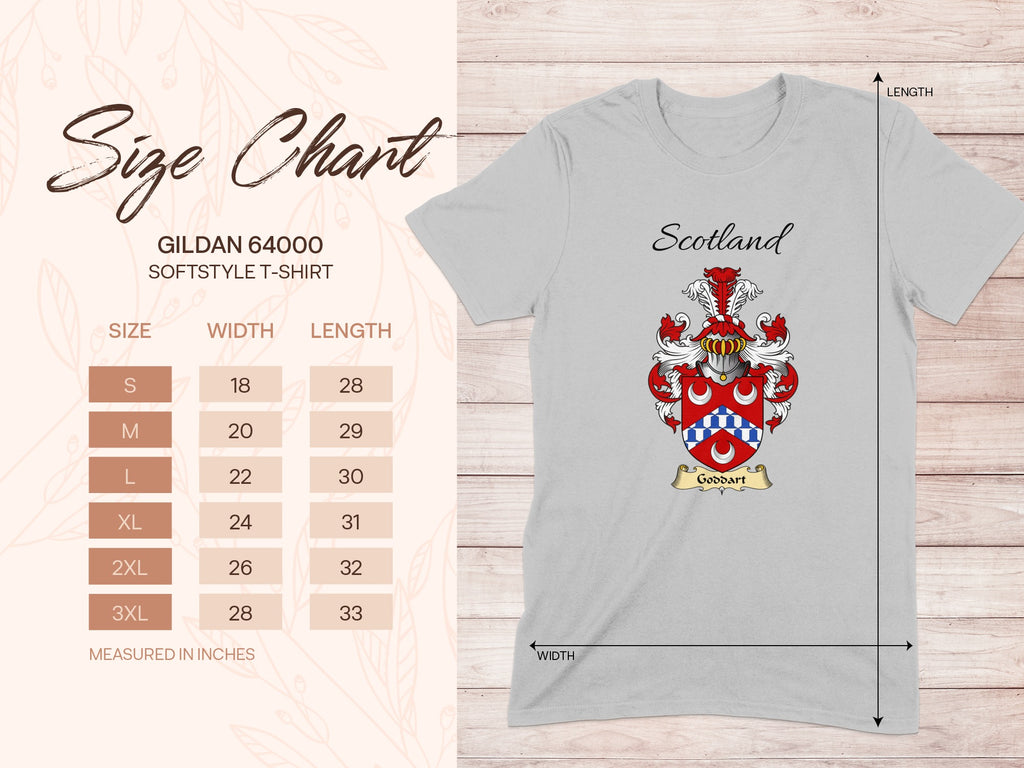 Gildan 64000 size chart for the Goddart unisex T-shirt, sizes S to 3XL