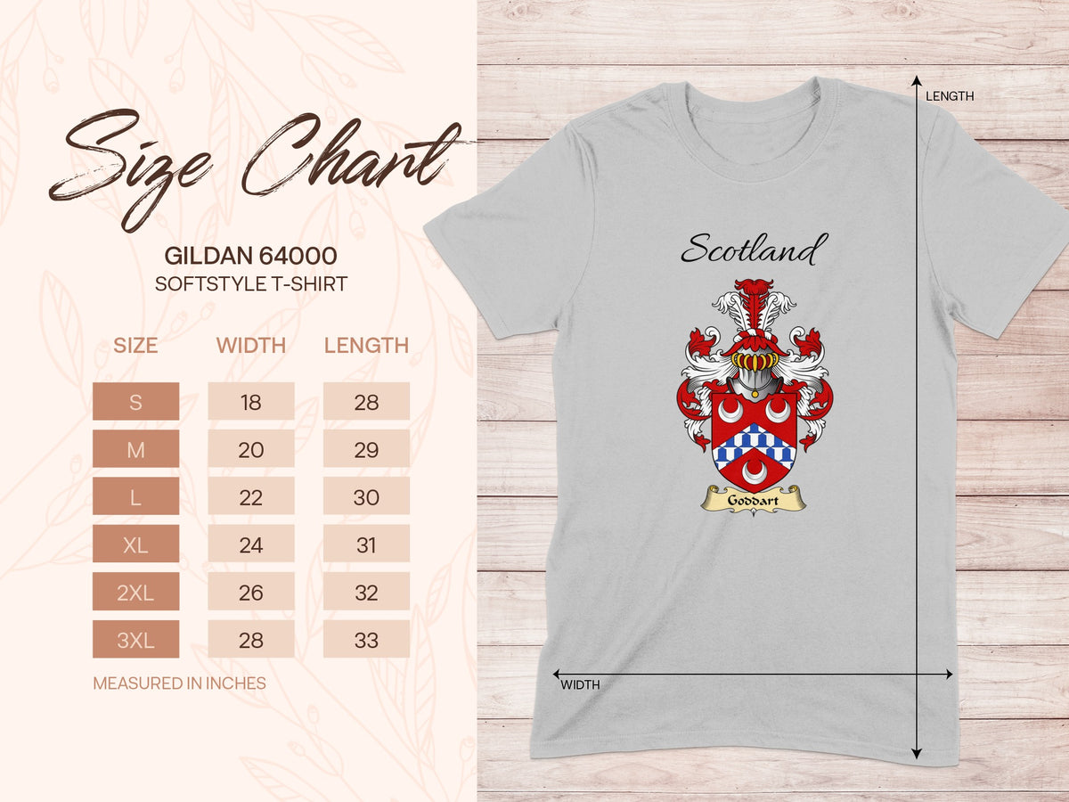 Gildan 64000 size chart for the Goddart unisex T-shirt, sizes S to 3XL
