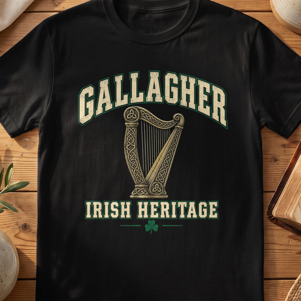 Gallagher Irish Heritage black Gildan 64000 T-shirt with Celtic harp design