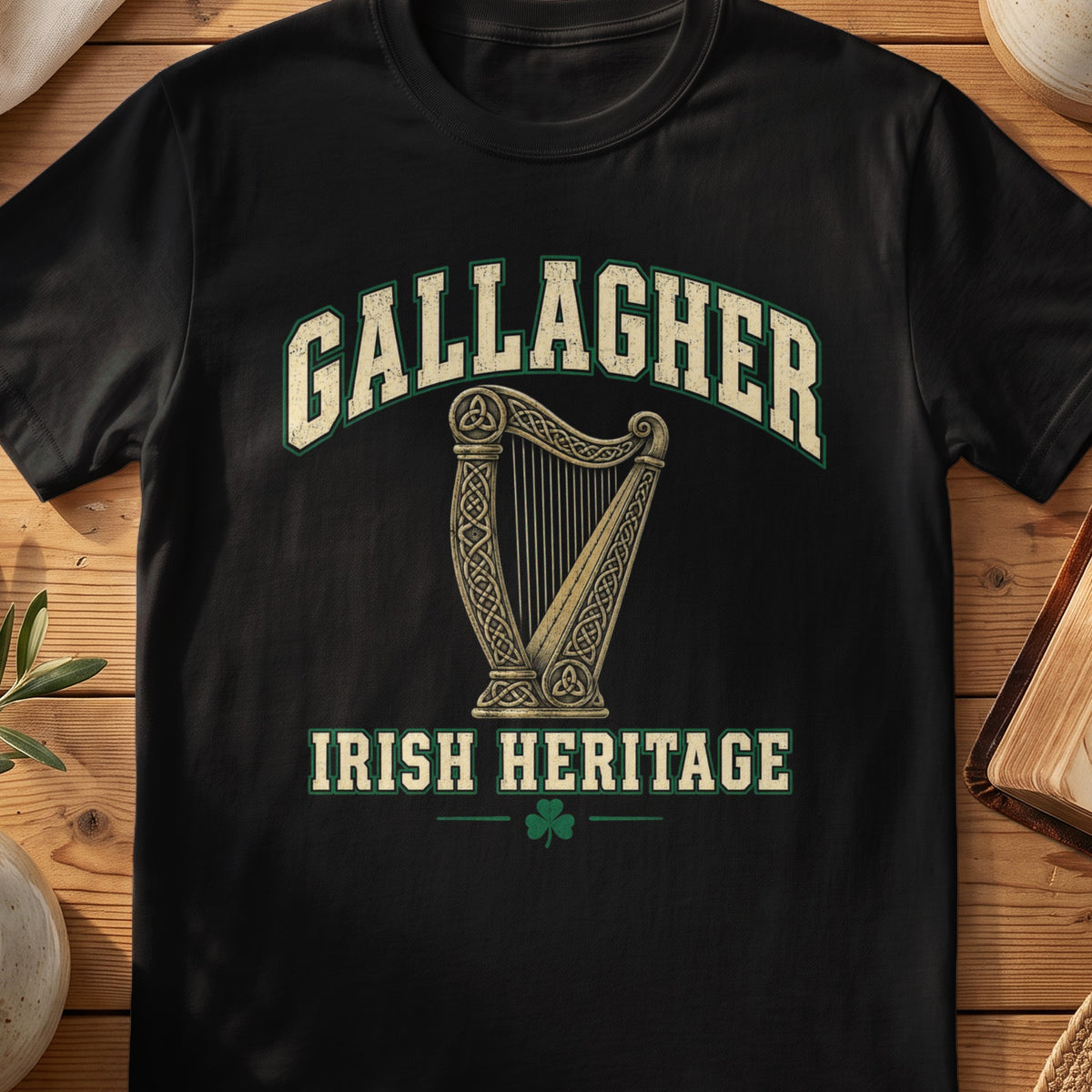 Gallagher Irish Heritage black Gildan 64000 T-shirt with Celtic harp design