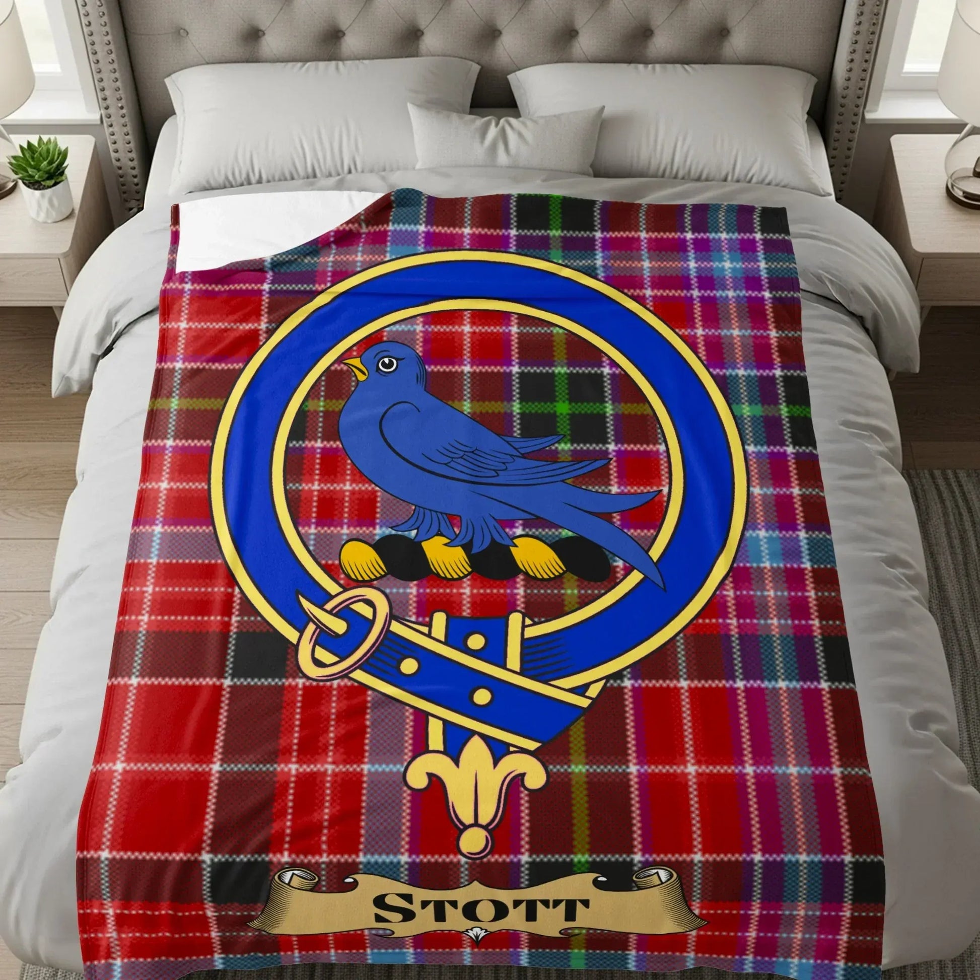 Tartan Blanket with Blue Bird Crest Stott Design Blanket