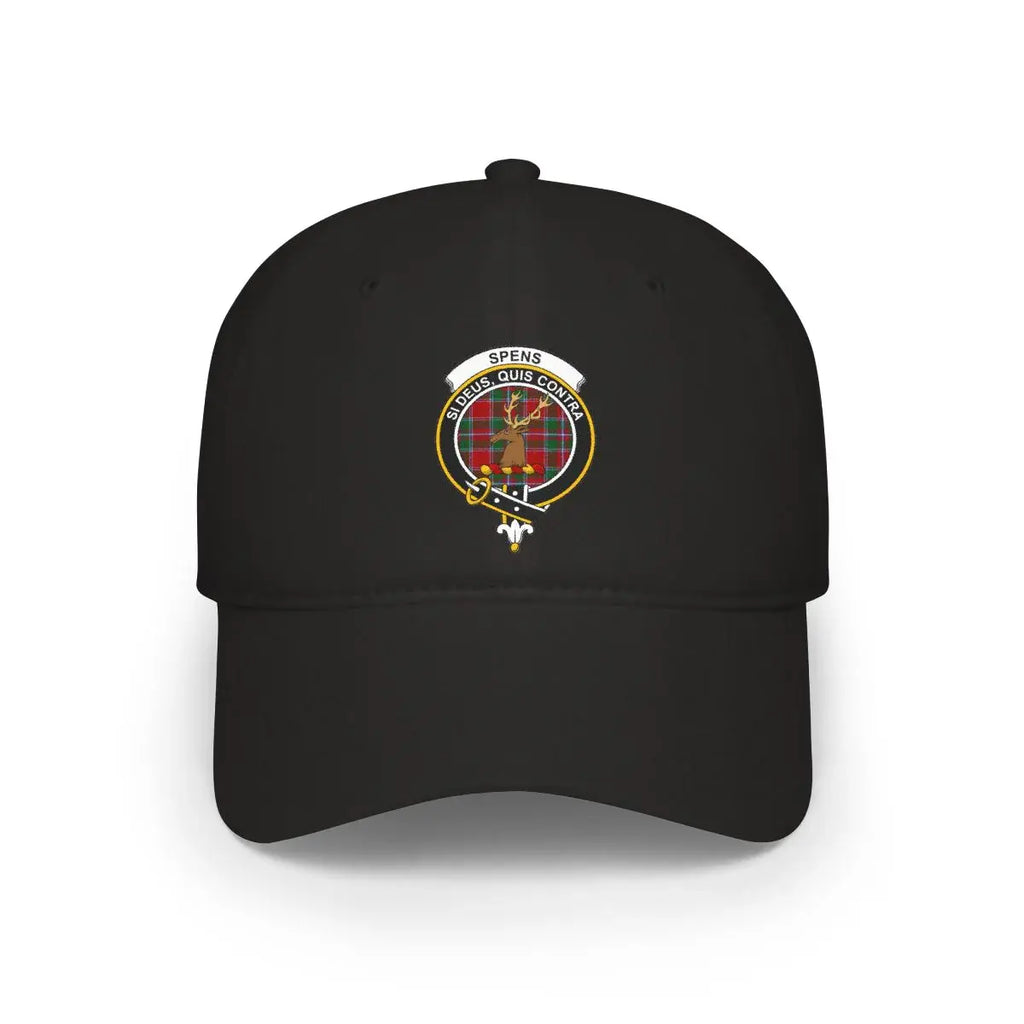 Spens si deus quis contra black baseball cap — printed deer crest, front view