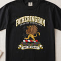Fotheringham Scottish clan T-shirt in Black, front view with a brown and gold winged griffin and motto banner.