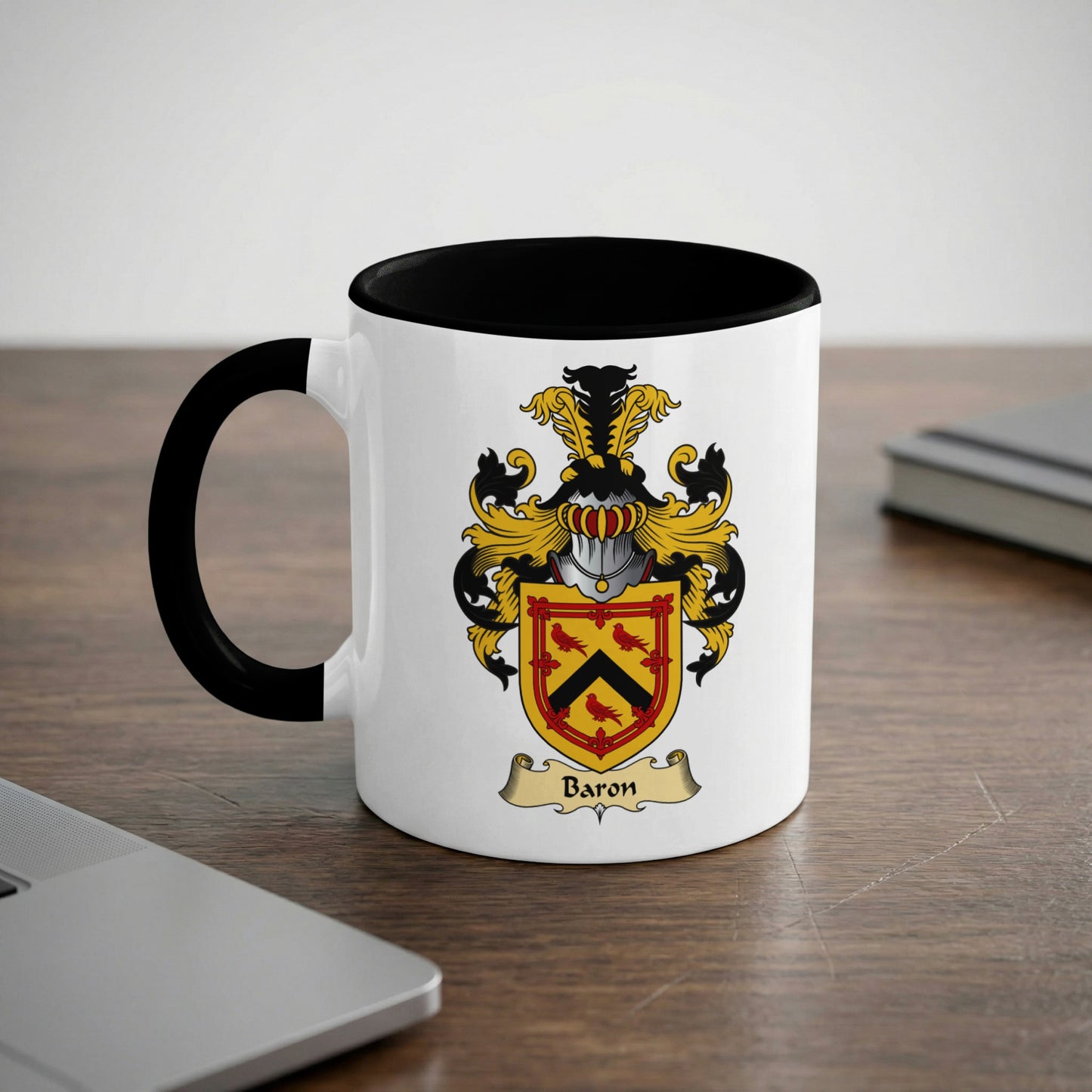 White mug with black rim featuring a coat of arms with a shield and the word "Baron".