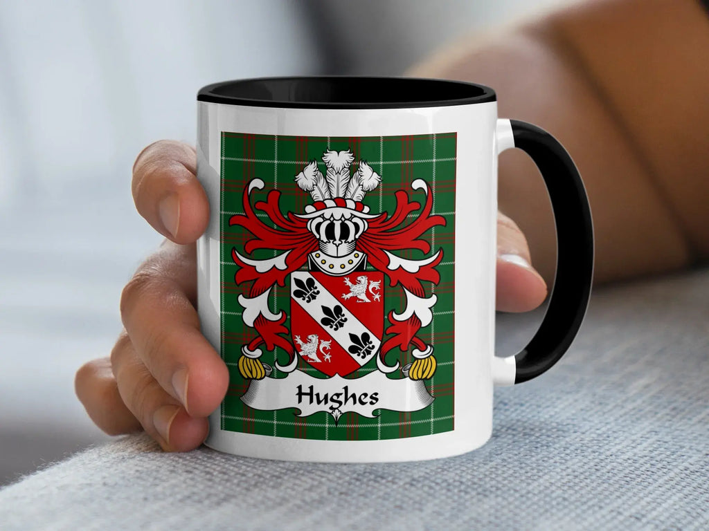 Hughes Welsh coat of arms accent mug with black rim and Welsh National Tartan background