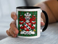 Hughes Welsh coat of arms accent mug with black rim and Welsh National Tartan background