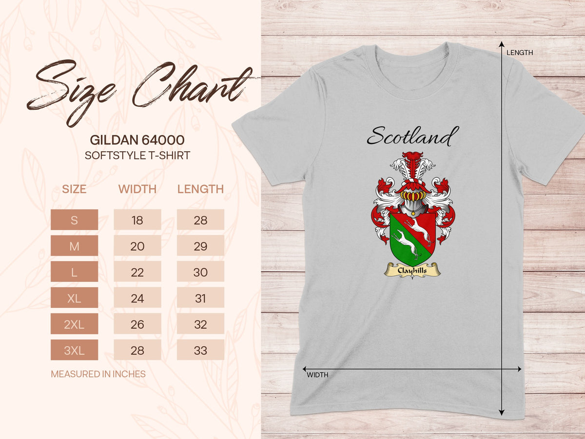 Gildan 64000 size chart for the Clayhills unisex T-shirt, sizes S to 3XL