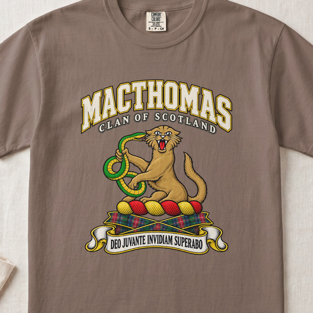 MacThomas Scottish clan T-shirt in Espresso, front view with a golden wildcat holding a green snake and motto banner.