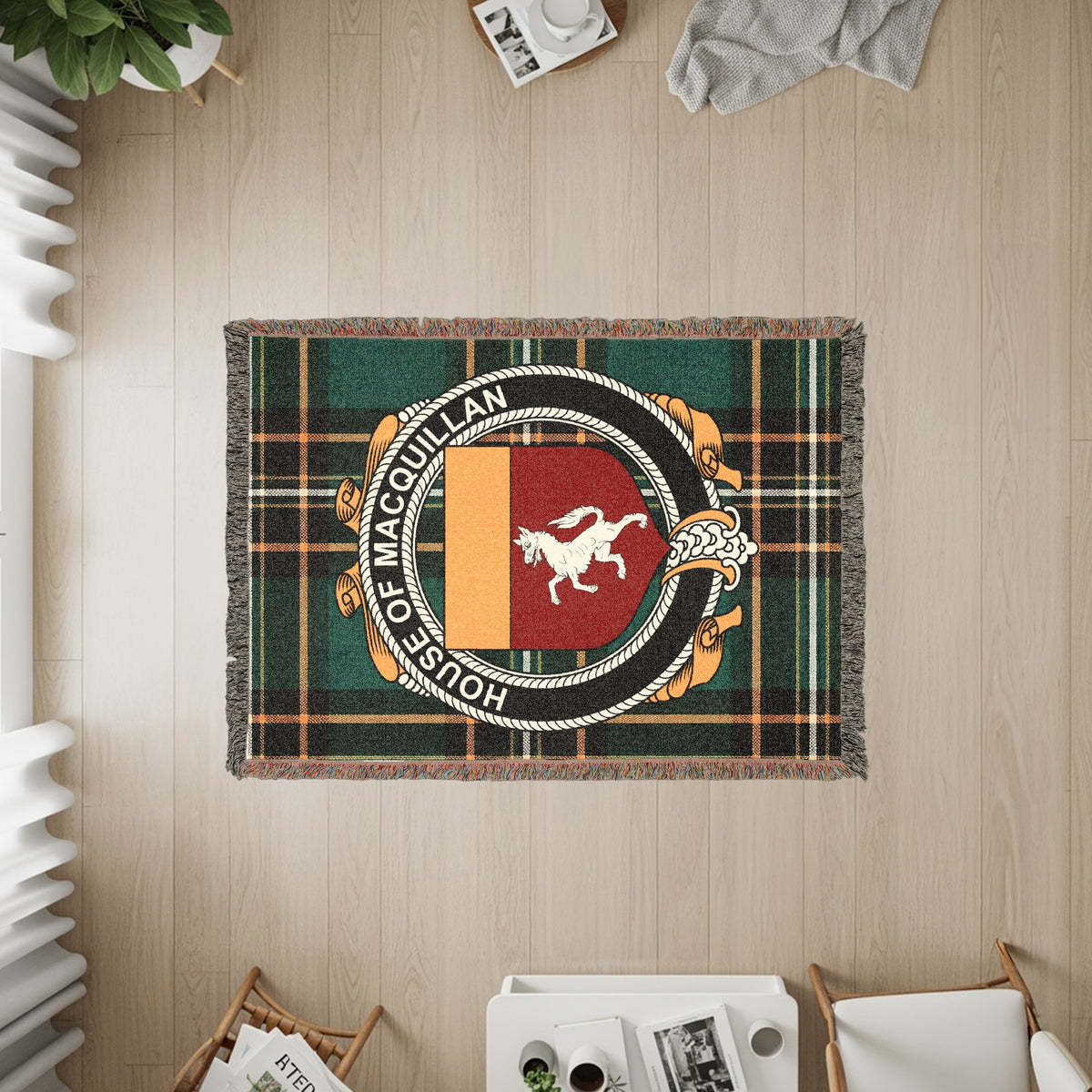 MacQuillan Irish heritage woven throw with family crest emblem