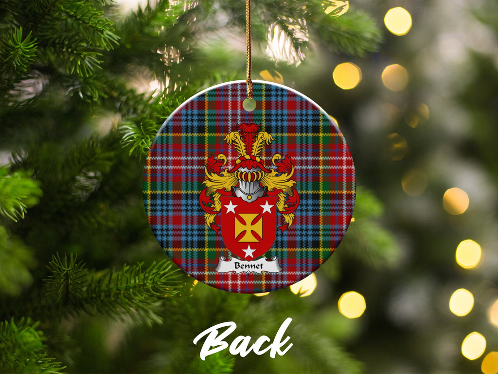 Double-sided Bennet ceramic ornament with family shield and Caledonia tartan background