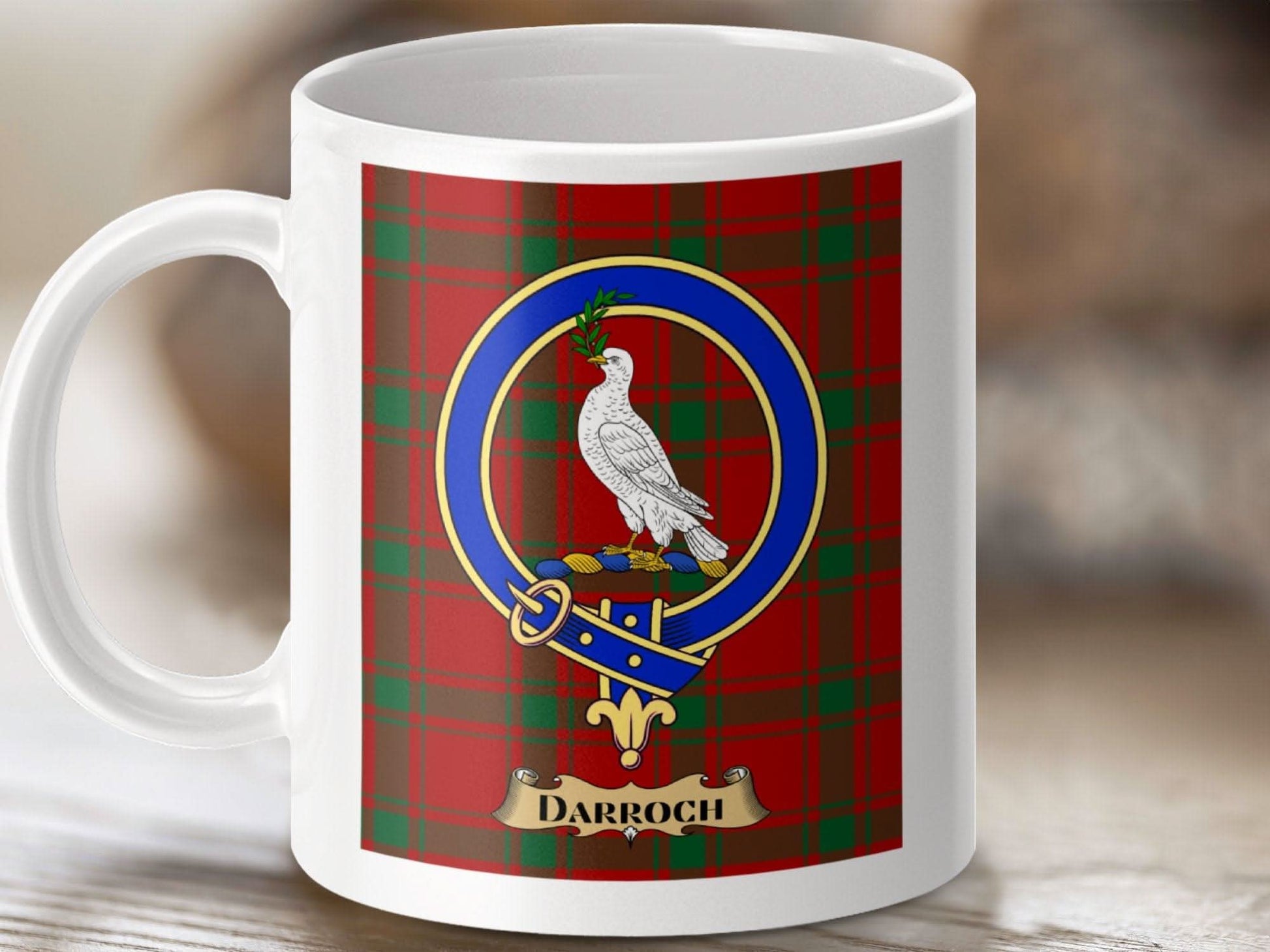 Darroch Family Crest Emblem on Tartan Background Mug Product