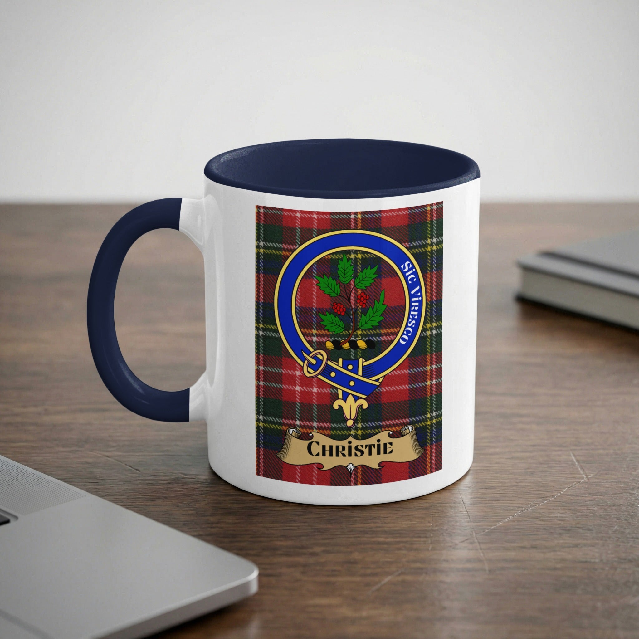Christie crest on tartan background mug — navy accent, Scottish heritage gift