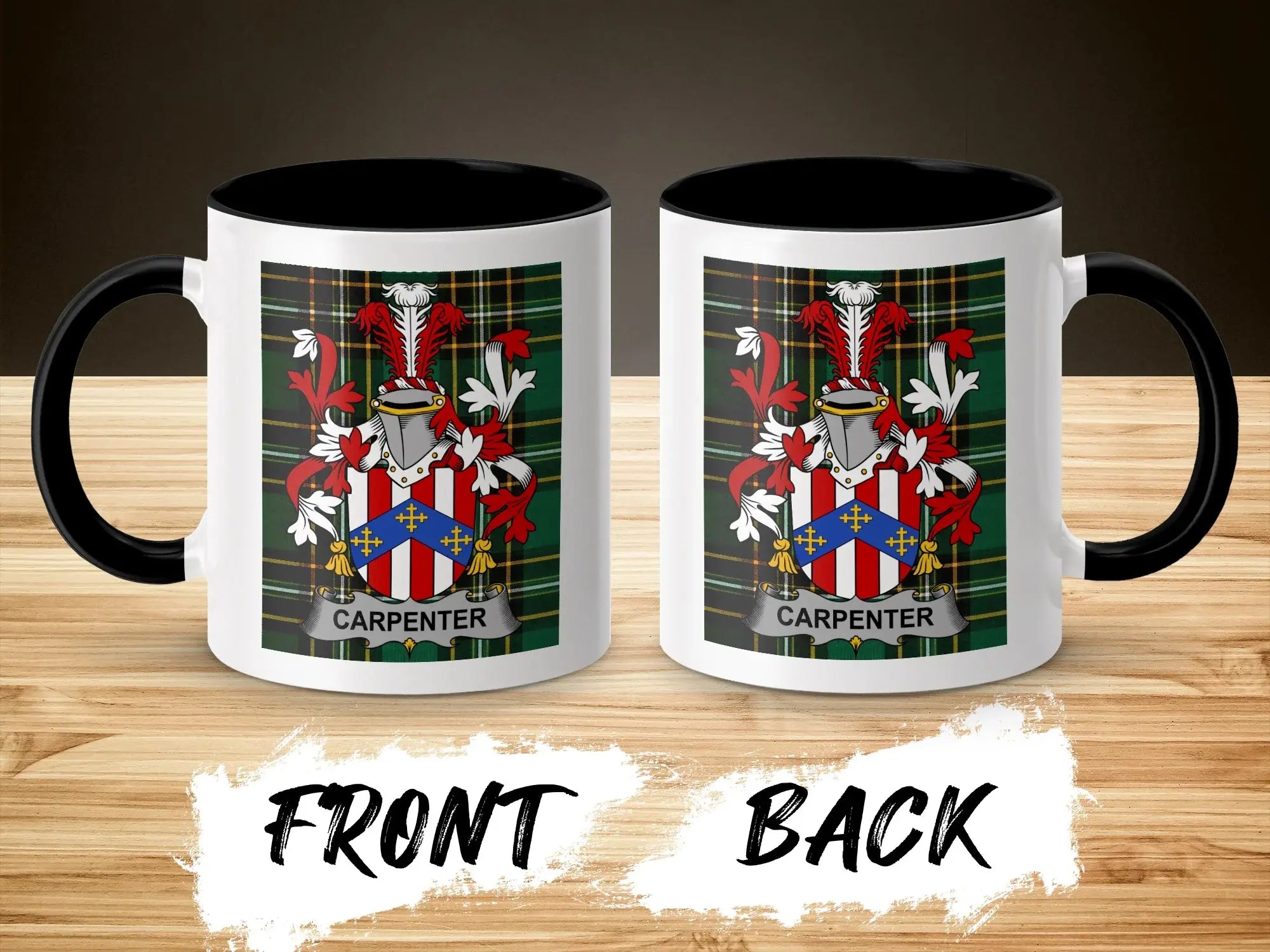 Two mugs, front and back, displaying a family crest with the name Carpenter.