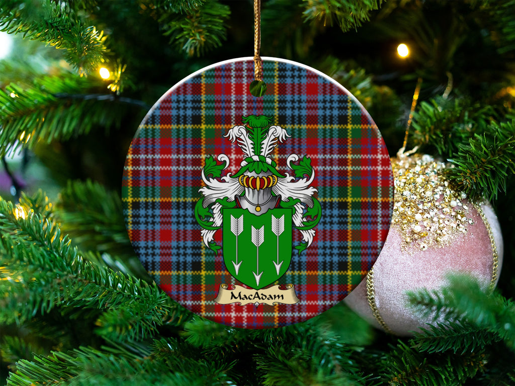 MacAdam Scottish clan ceramic ornament with family crest on a Caledonia tartan background, hanging on a Christmas tree