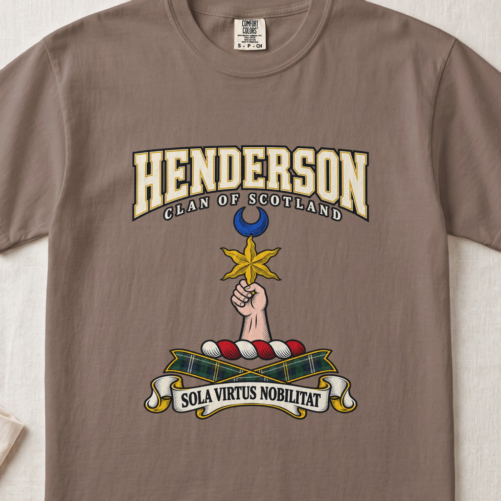 Espresso Henderson Scottish clan T-shirt, front flat lay with varsity lettering, star-and-crescent crest and tartan ribbon.