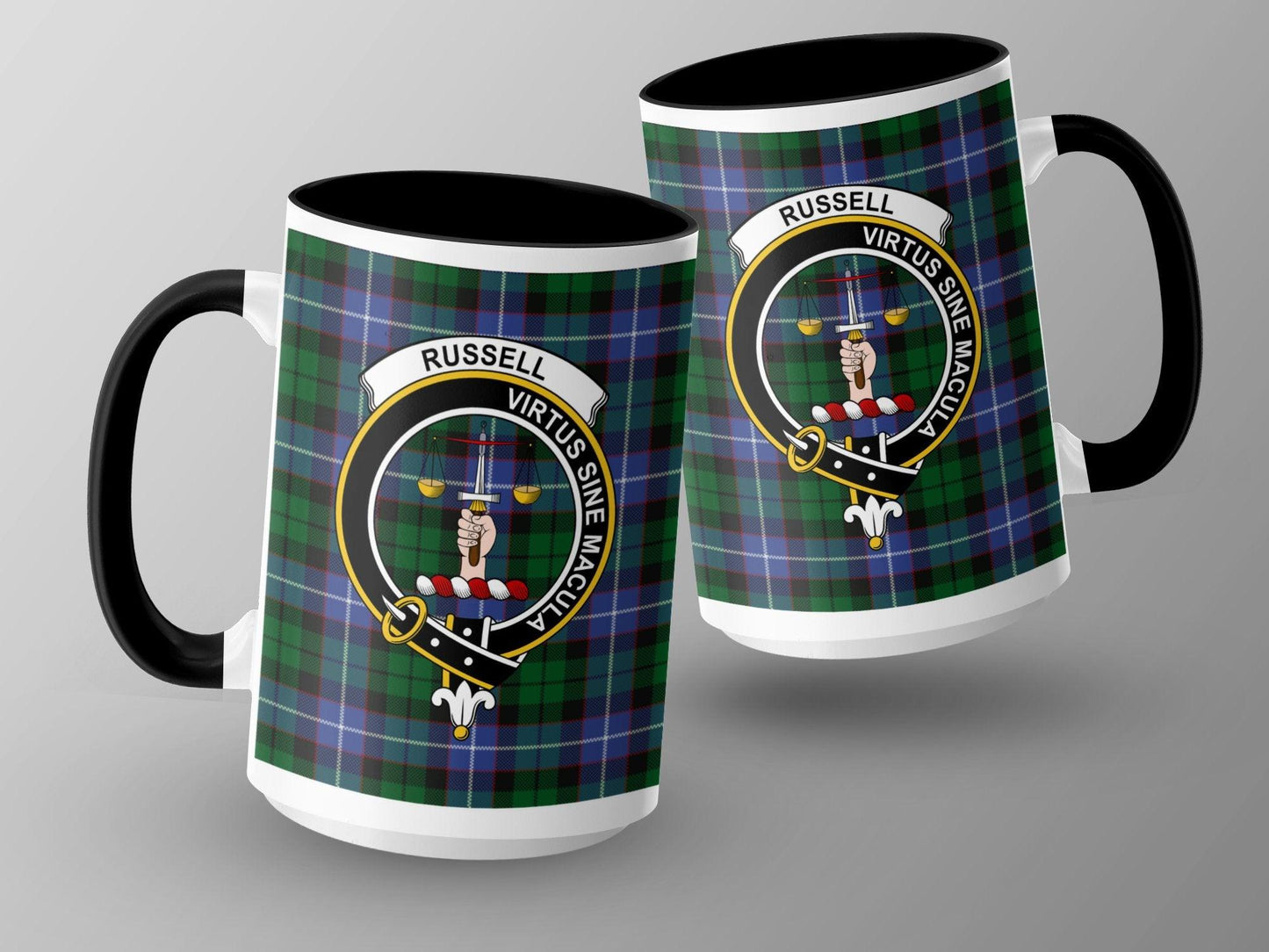 Scottish Clan Russell Tartan Crest Virtus Sine Macula Mug - Living Stone Gifts