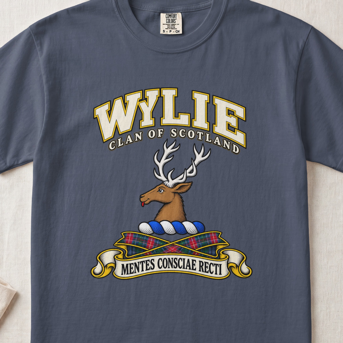 Wylie Scottish clan T-shirt in Midnight, front view with a brown stag head with white antlers and motto banner.
