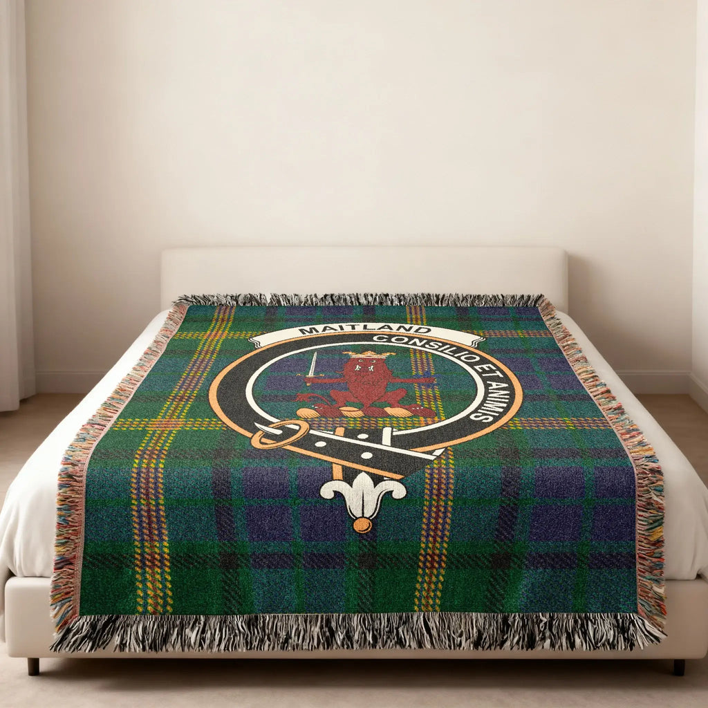 Clan Maitland tartan heritage woven blanket — full view showing By Wisdom and Courage crest and fringe
