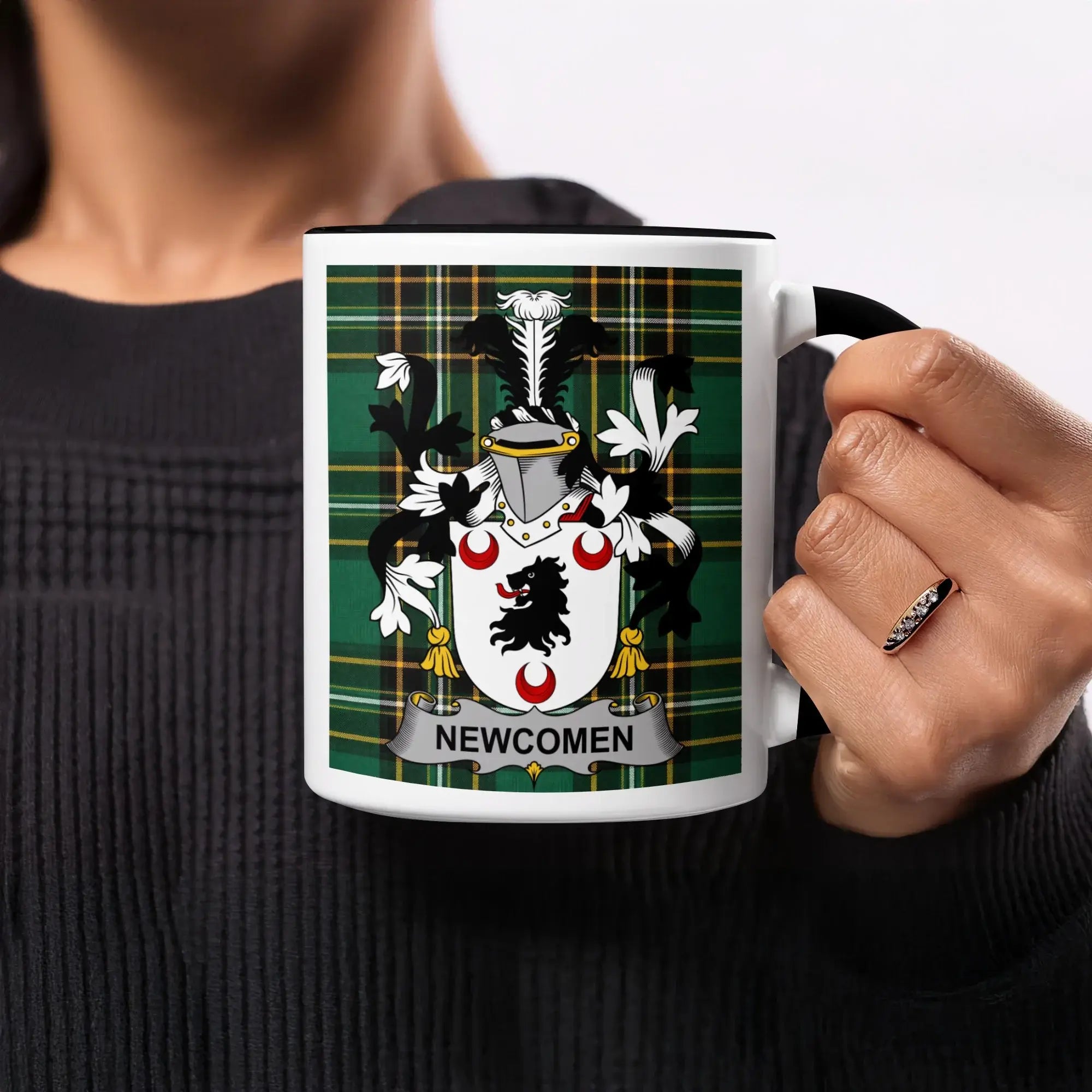 Newcomen Irish heritage mug with black handle and interior