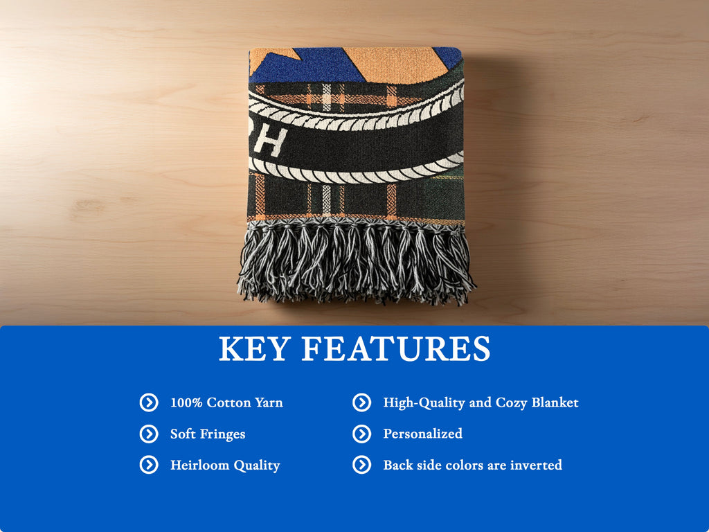 O'Monohan cotton woven blanket detail with decorative fringed edges