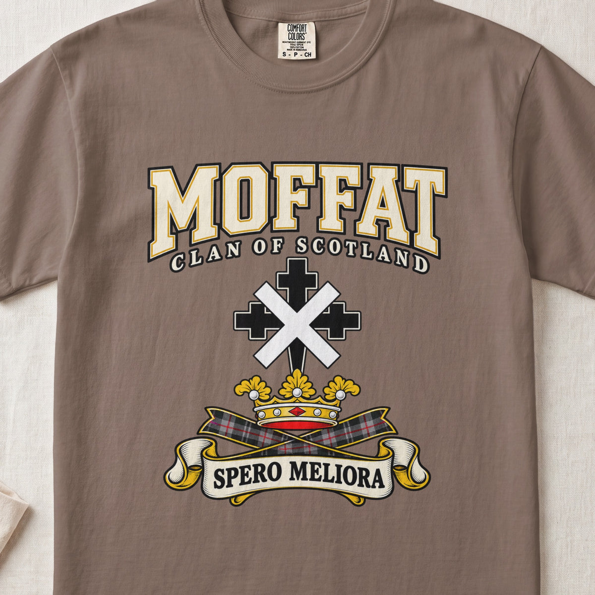 Moffat Scottish clan graphic T-shirt in Espresso, front view