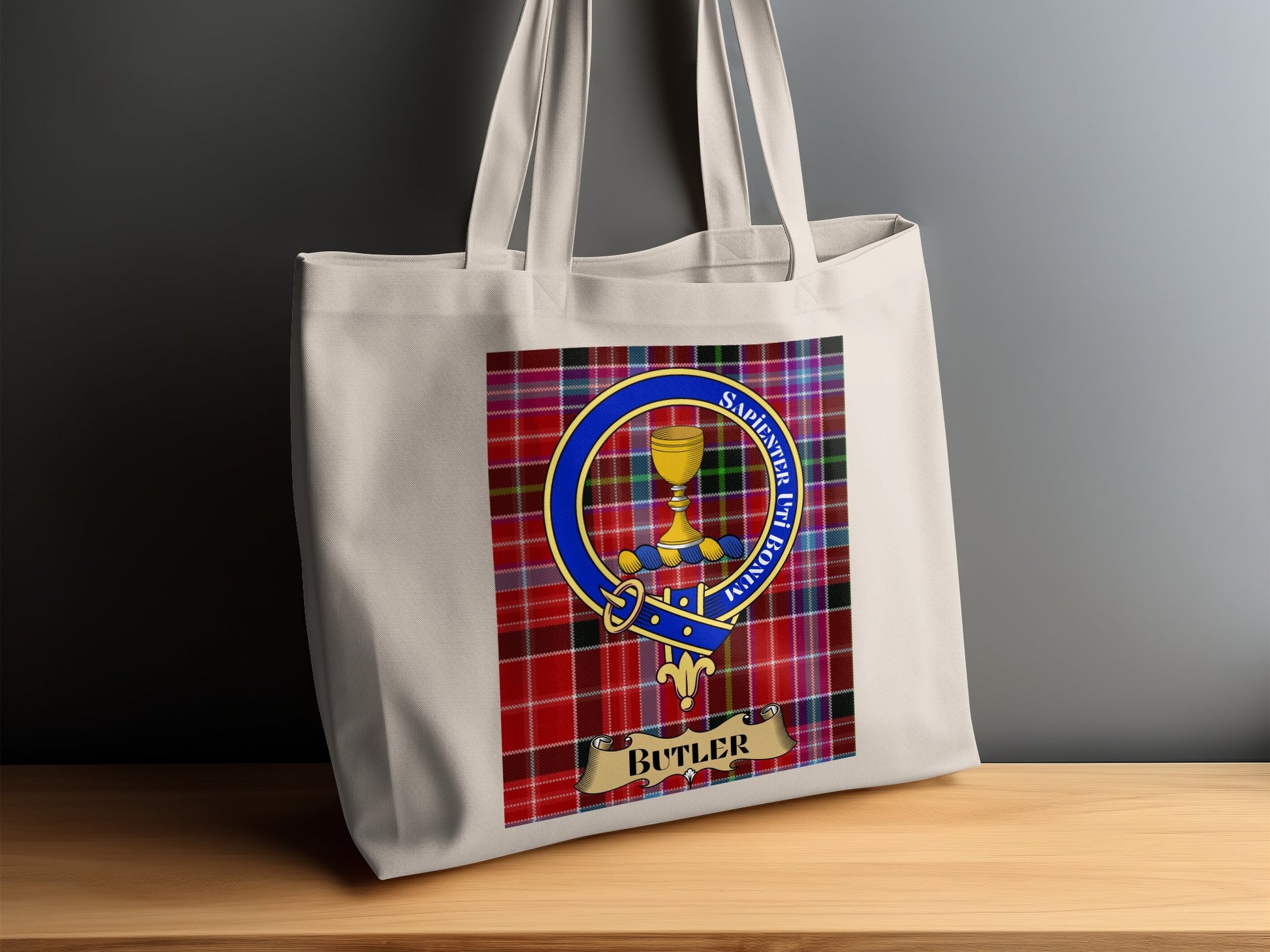 Butler Clan Scottish Tartan Crest Design Tote Bag - Living Stone Gifts