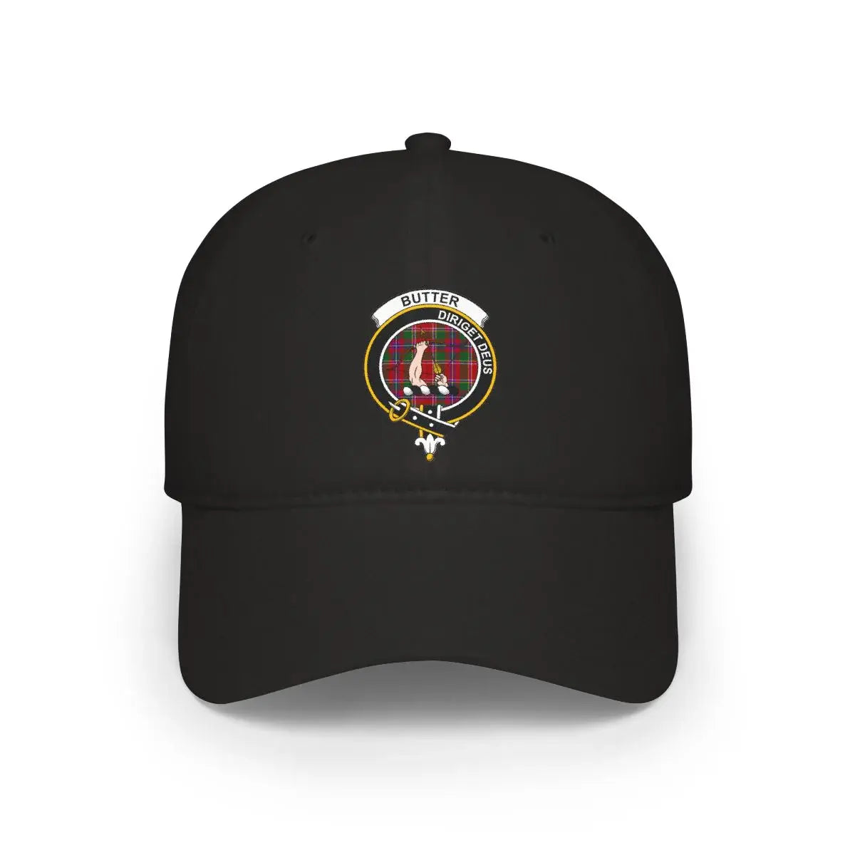 Butter clan crest black cap — diriget deus motto design