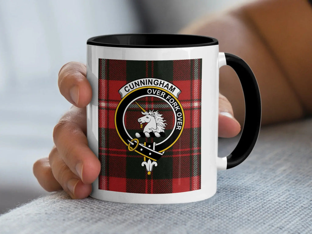 Cunningham Over Fork Over plaid design mug — unicorn crest on ceramic, navy handle
