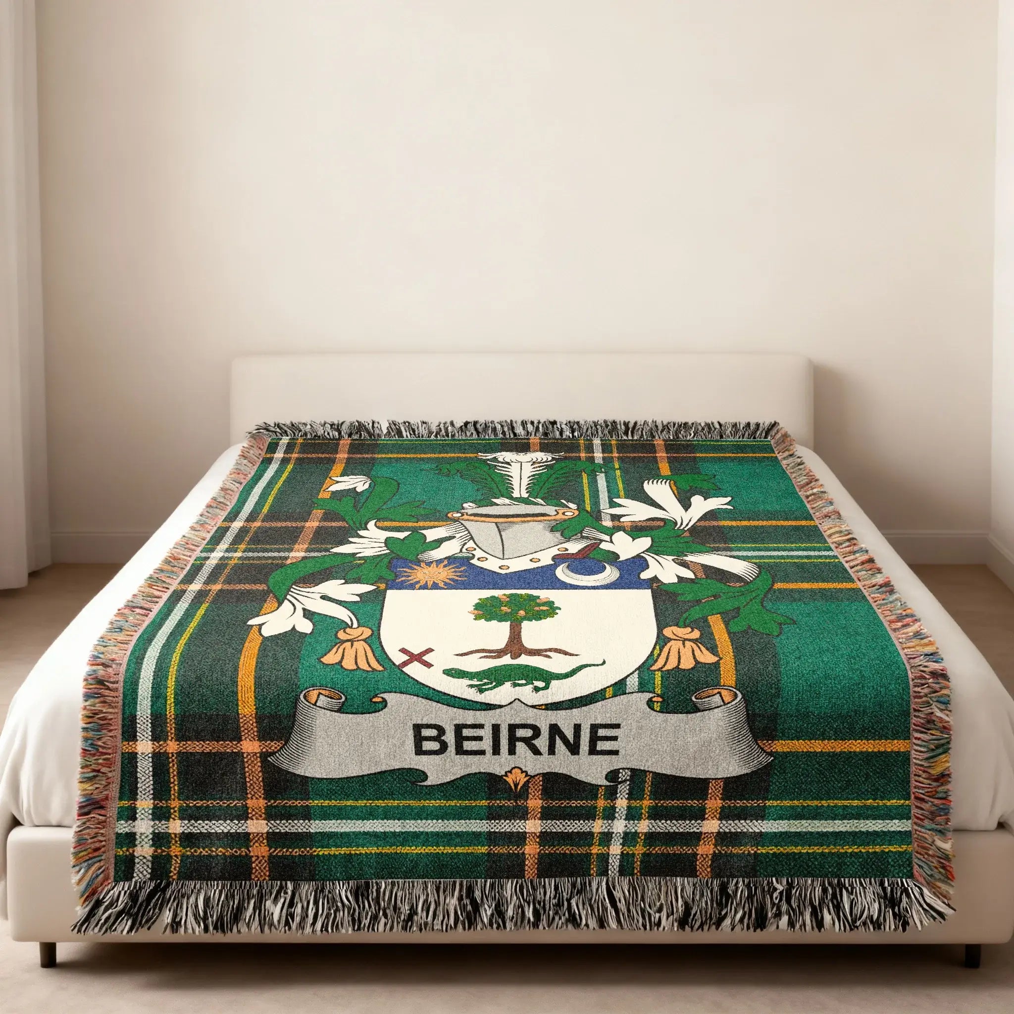 BEIRNE Clan Crest Green Tartan Throw product type