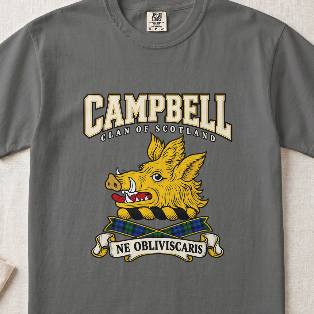 Campbell graphic T-shirt in Pepper gray, front flat lay showing varsity lettering and gold boar head with tusks and red tongue.