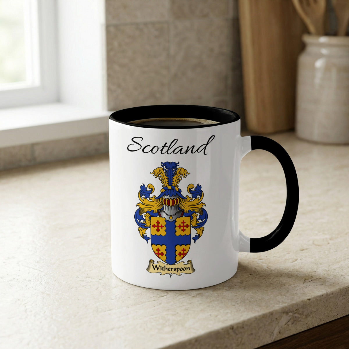 Witherspoon Scottish family crest accent mug with Scotland lettering and coat of arms artwork