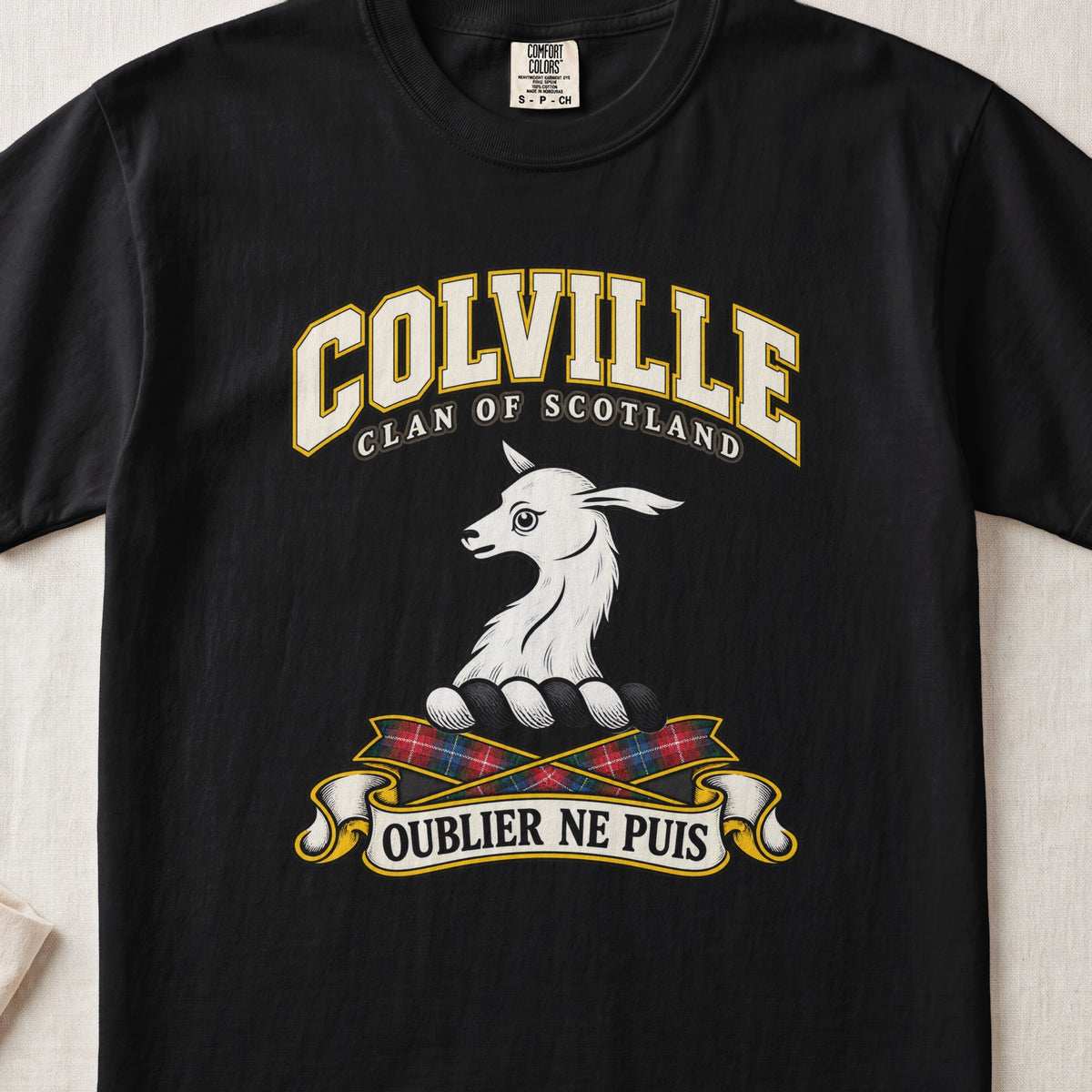 Colville Scottish clan T-shirt in Black, front view with a white animal head and motto design.