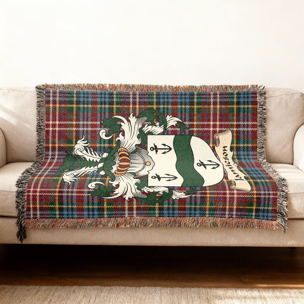 Jamieson Scottish woven blanket with family shield and Caledonia tartan background